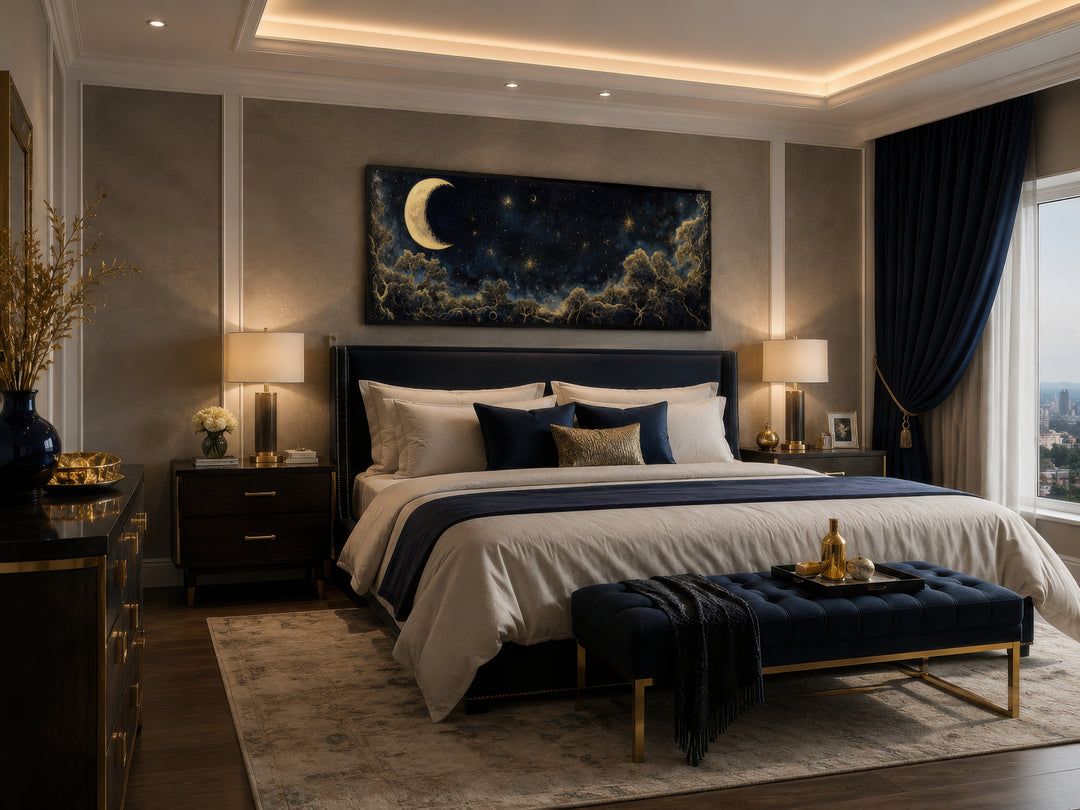 Navy blue and gold horizontal wall art of a crescent moon and starry sky above a bed.