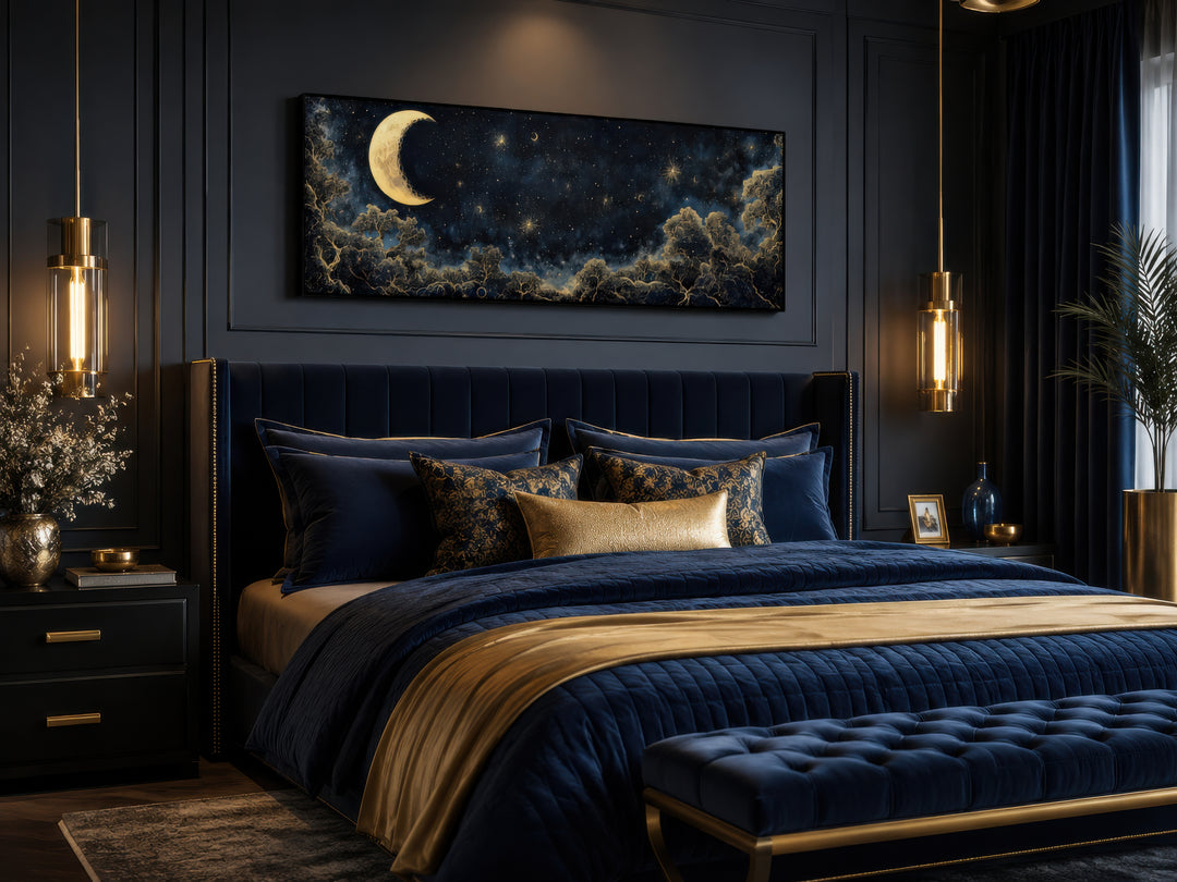 Navy blue and gold horizontal wall art of a crescent moon and starry sky above a bed.