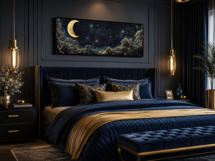 Navy blue and gold horizontal wall art of a crescent moon and starry sky above a bed.