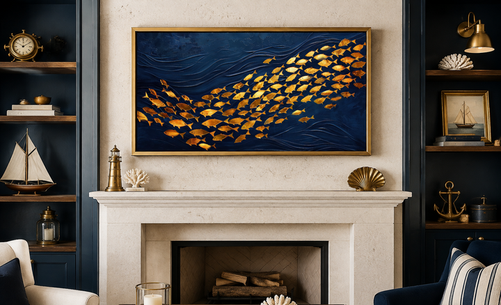 Framed navy blue canvas wall art featuring a school of shimmering gold fish above a fireplace.