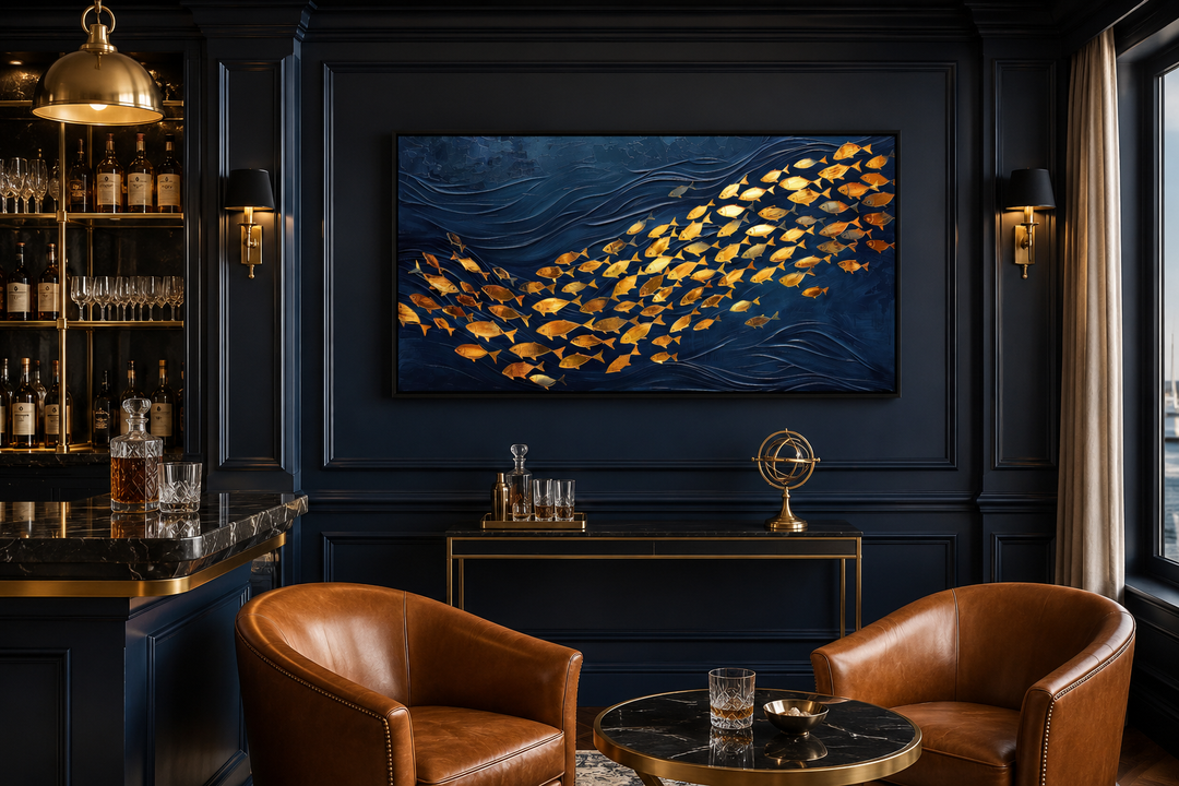Framed nautical canvas art featuring a school of gold fish on a textured navy blue ocean background.