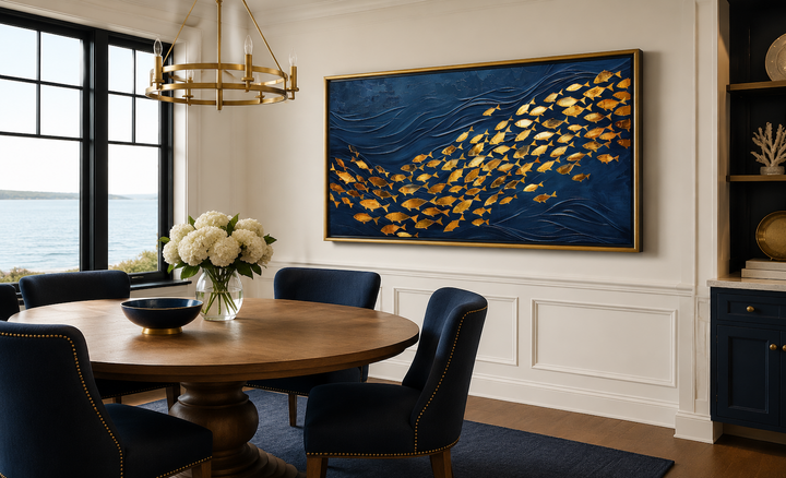 Framed navy blue and gold canvas wall art featuring a school of fish in a dining room setting.