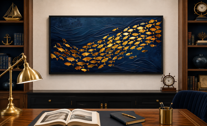 Framed navy blue and gold canvas wall art featuring a school of fish above a dark wood desk.