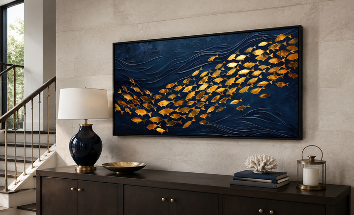 Framed navy blue canvas wall art featuring a school of shimmering gold fish in a modern room.