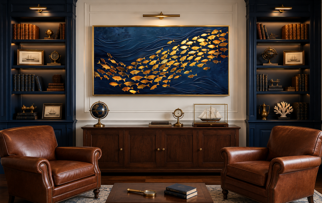 Framed navy blue canvas wall art featuring a school of shimmering gold fish in a nautical study.