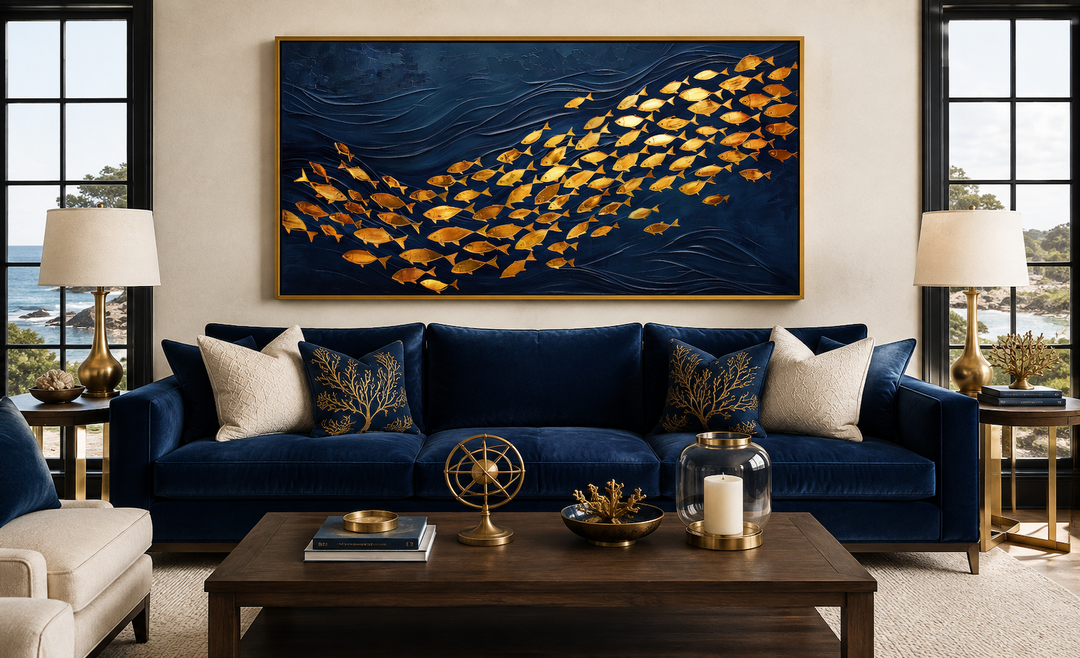 Framed navy blue canvas wall art featuring a school of shimmering gold fish in a modern living room.