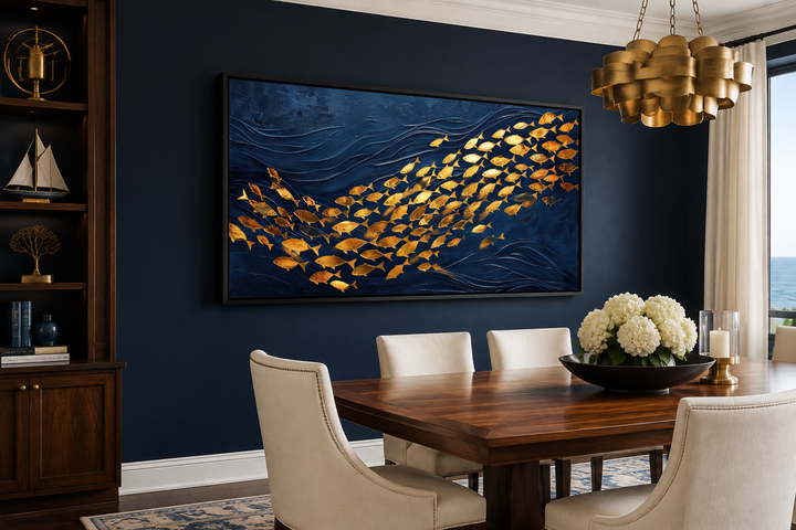 Framed navy blue and gold canvas wall art featuring a school of fish in a modern dining room.