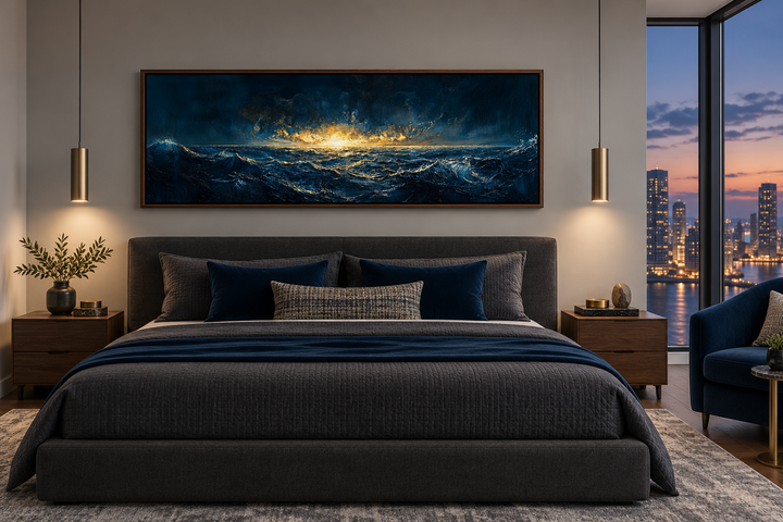 Navy gold ocean sunset canvas art hanging above a modern bed in a dark, moody bedroom.