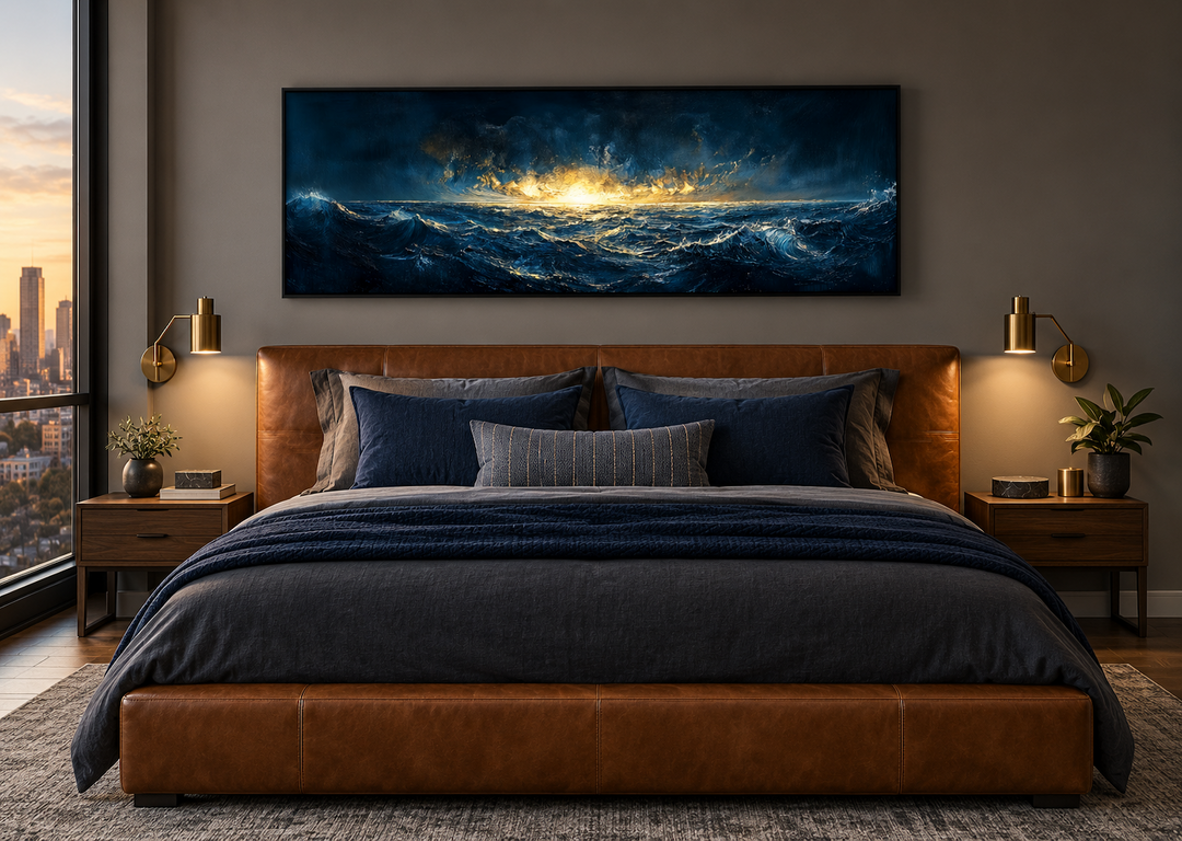 Navy gold ocean art canvas print above a cognac leather bed in a modern bedroom.