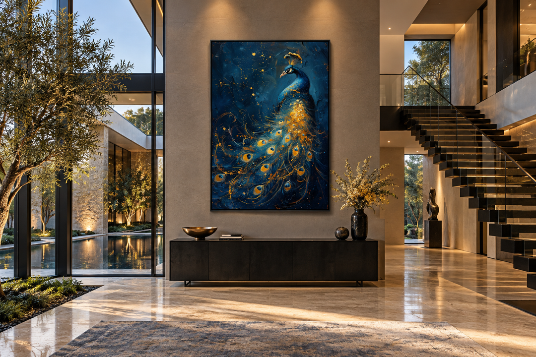 Navy blue and gold peacock framed canvas wall art hanging in a modern living room.