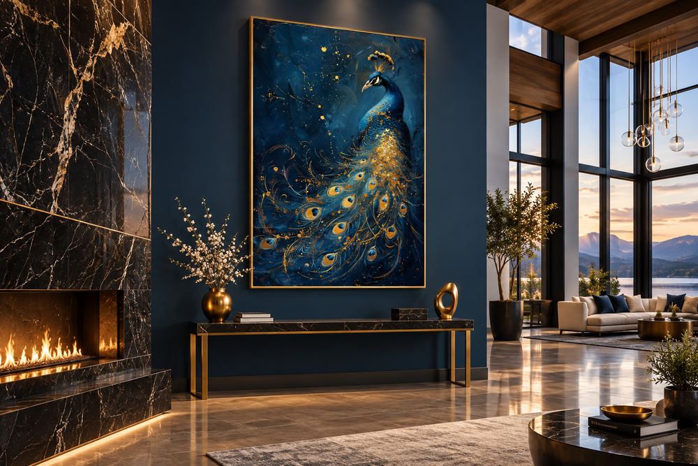 Navy blue and gold peacock framed canvas wall art displayed in a modern living room.