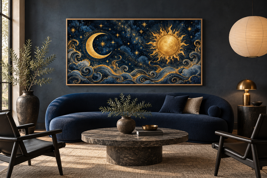 Navy blue and gold celestial framed canvas wall art featuring a sun and moon above a blue sofa.