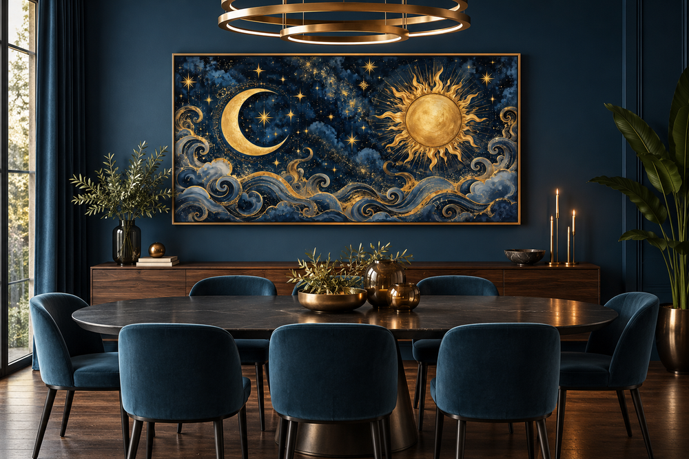Framed celestial canvas art with a gold sun and moon on a navy blue background in a dining room.