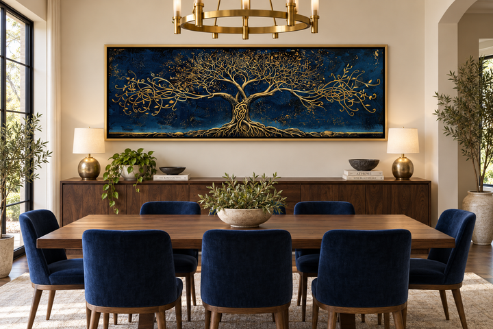Panoramic framed canvas wall art of a gold Yggdrasil tree on a navy blue background.