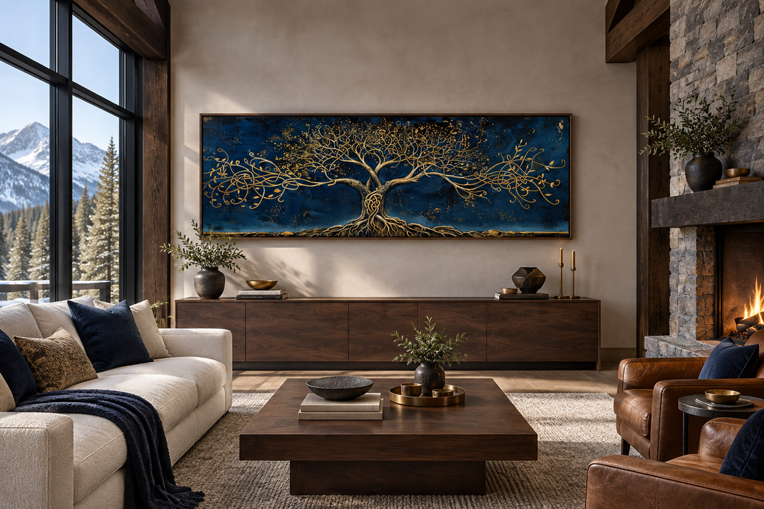 Panoramic framed canvas wall art featuring a gold Yggdrasil tree on a navy blue background.