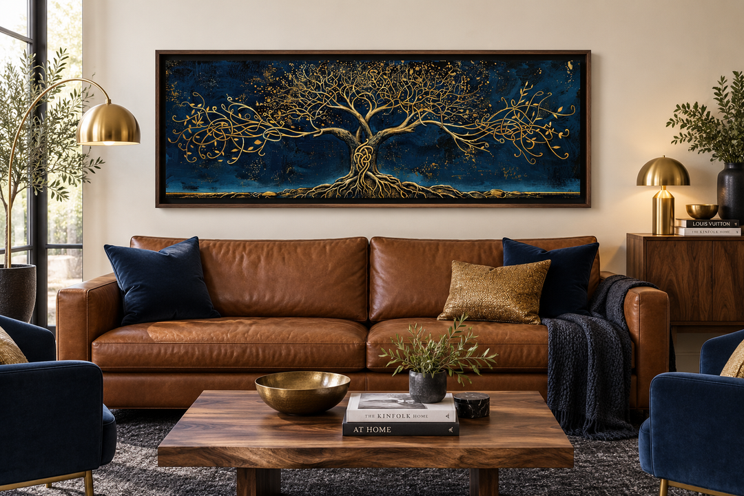 Navy blue and gold Yggdrasil panoramic framed canvas wall art hanging above a brown leather sofa.
