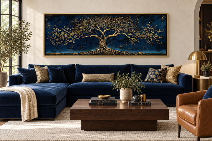 Panoramic framed canvas wall art of a gold Yggdrasil tree on a navy blue background above a sofa.