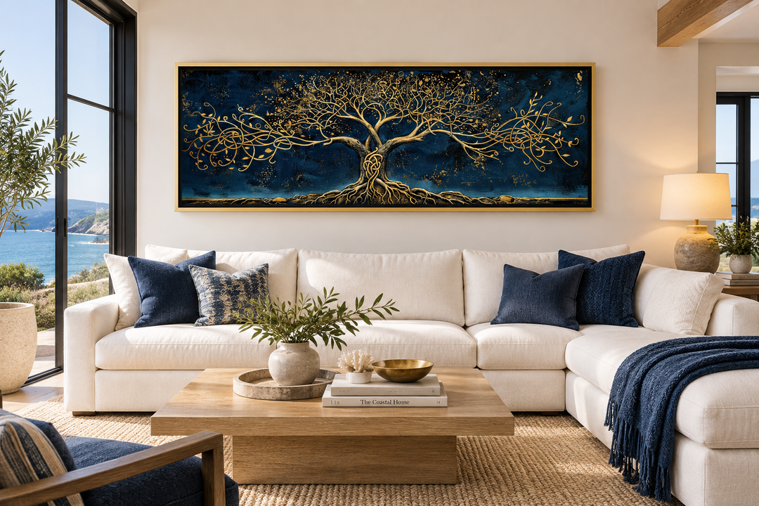 Panoramic framed canvas wall art featuring a gold Yggdrasil tree on a navy blue background.