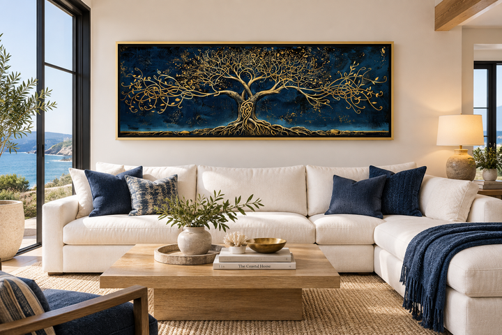 Panoramic framed canvas wall art featuring a gold Yggdrasil tree on a navy blue background.