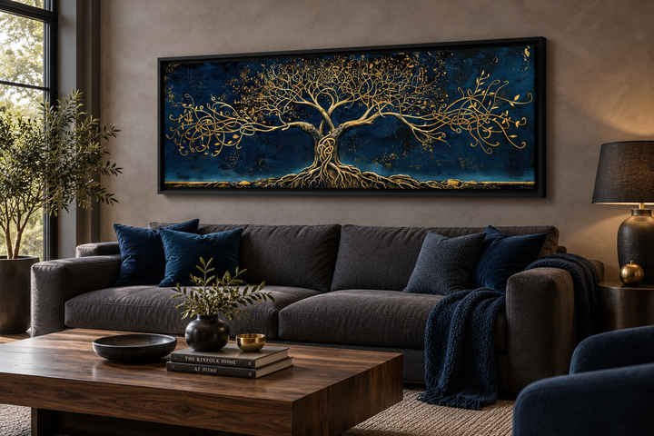 Navy blue and gold Yggdrasil panoramic framed canvas wall art hanging above a dark grey sofa.