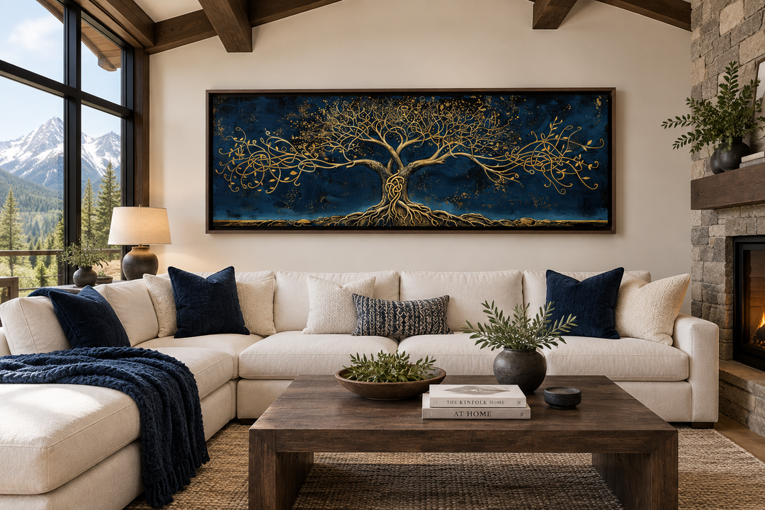 Navy Blue Gold Yggdrasil Panoramic Framed Canvas Wall Art above a white sectional sofa.