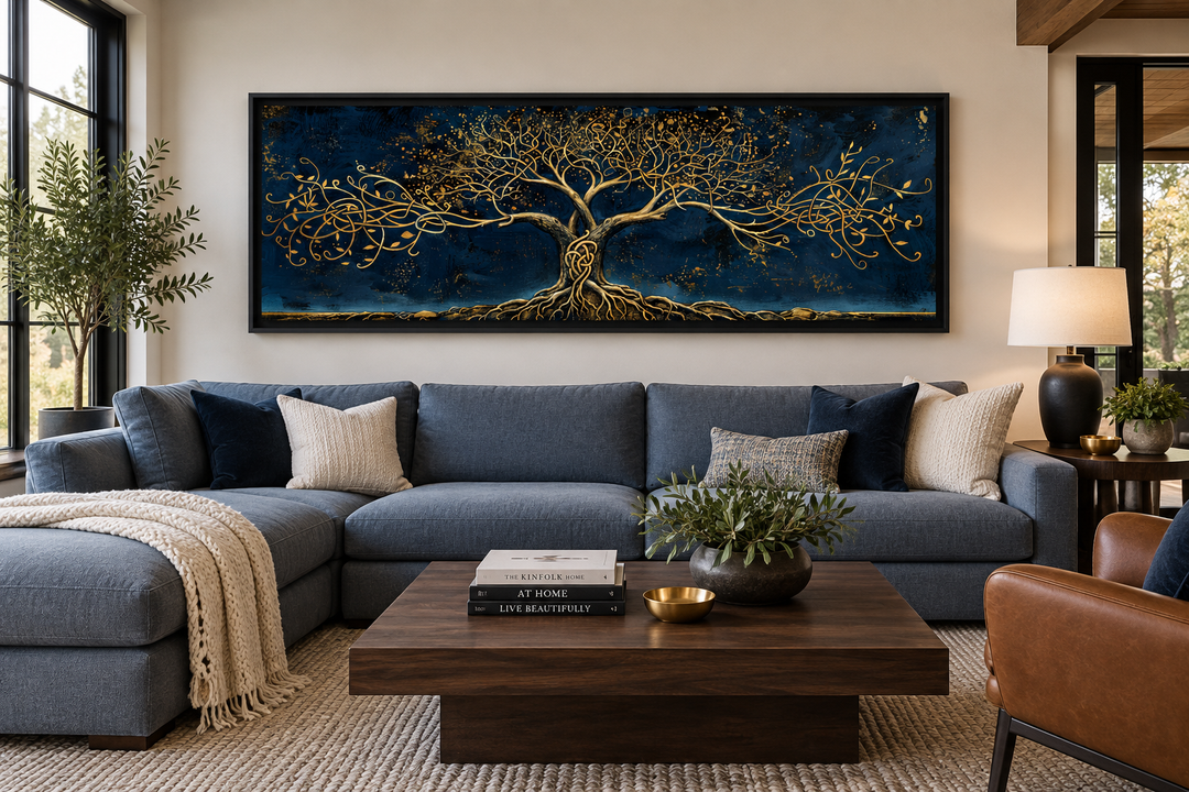 Panoramic framed canvas wall art featuring a gold Yggdrasil tree on a navy blue background.