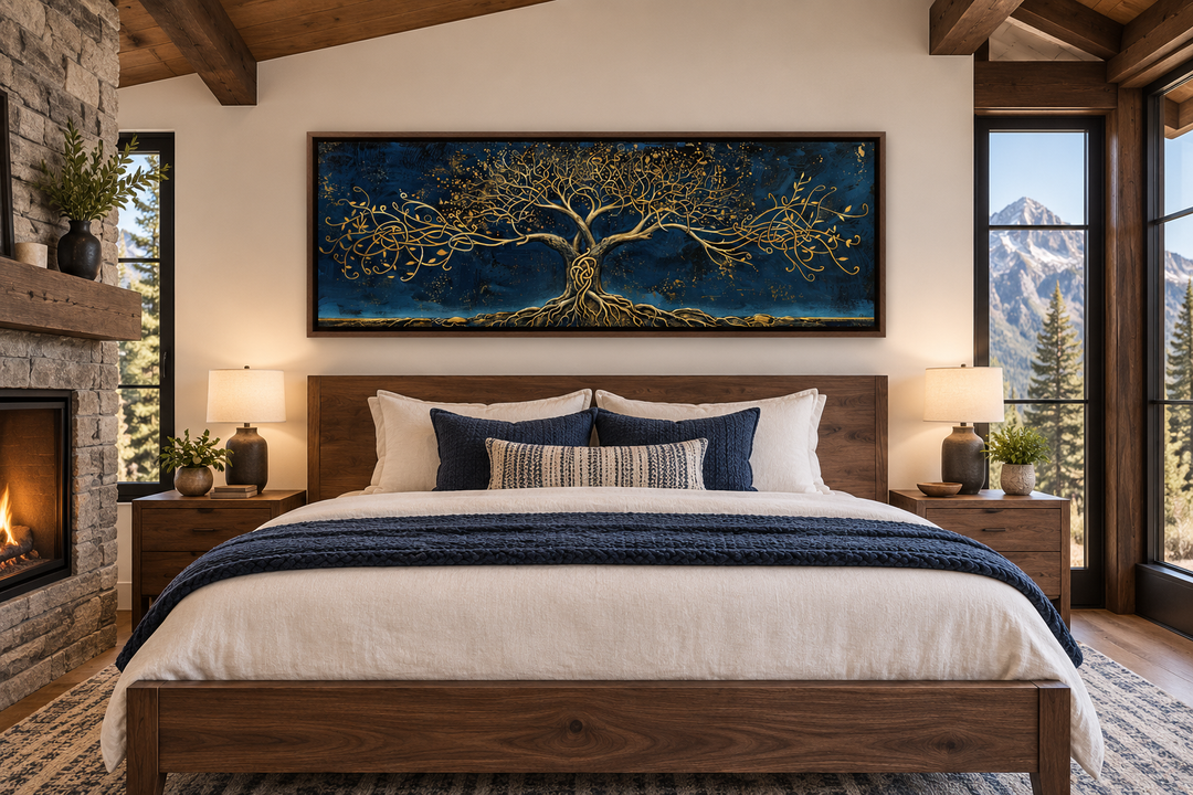 Panoramic framed canvas wall art of a golden Yggdrasil tree on a navy blue background above a bed.