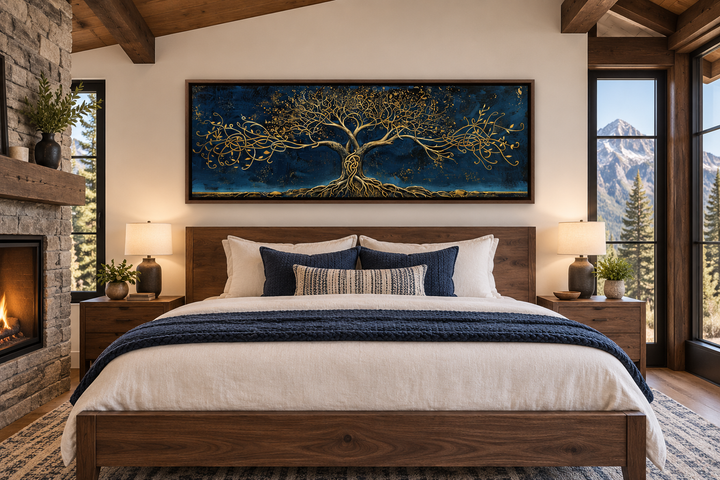 Panoramic framed canvas wall art of a golden Yggdrasil tree on a navy blue background above a bed.