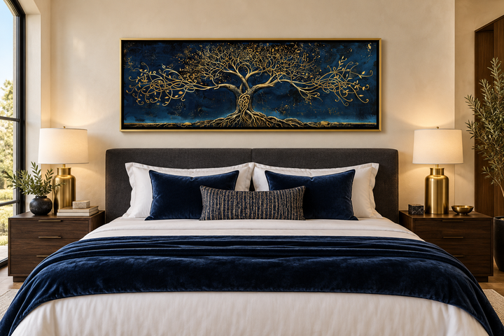 Navy blue and gold Yggdrasil panoramic framed canvas wall art hanging above a bed.