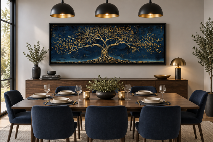 Panoramic framed canvas wall art featuring a gold Yggdrasil tree on a navy blue background.