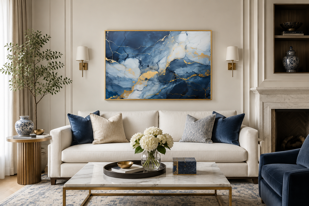 Navy blue, grey, and gold abstract marble canvas wall art framed above a white sofa.