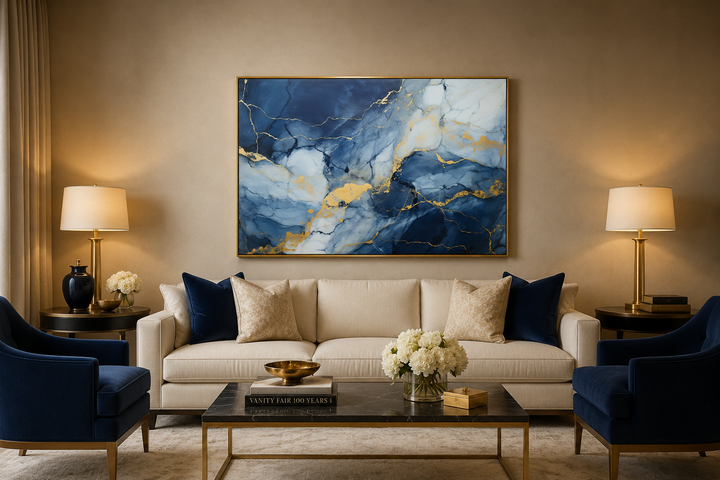 Large abstract marble canvas wall art in navy blue, grey, and gold hanging above a cream sofa.