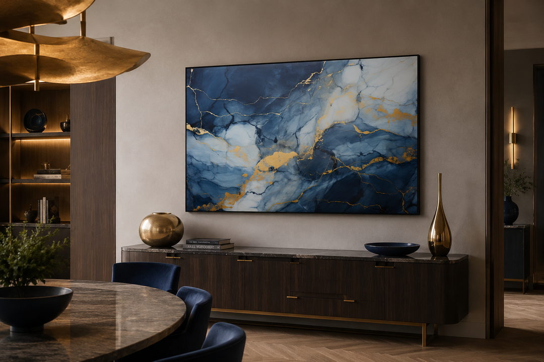 Navy blue, grey, and gold abstract marble canvas wall art hanging above a dark wood sideboard.