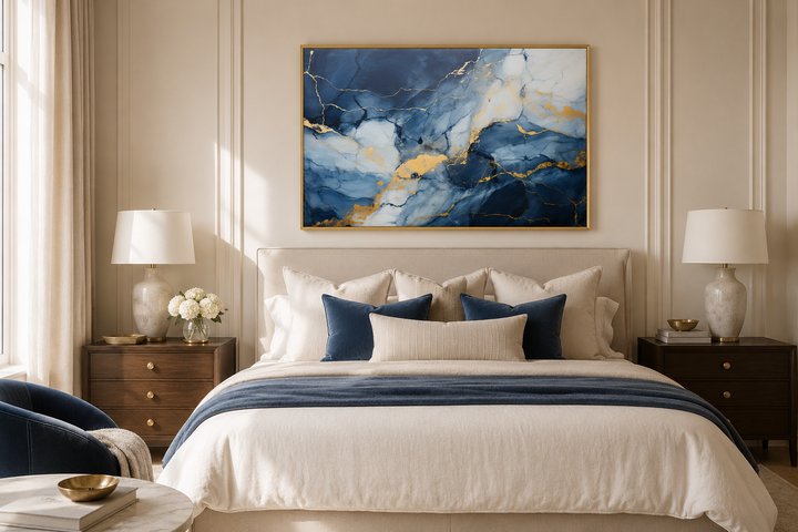 Navy blue, grey, and gold abstract marble canvas wall art hanging above a bed in a bedroom.