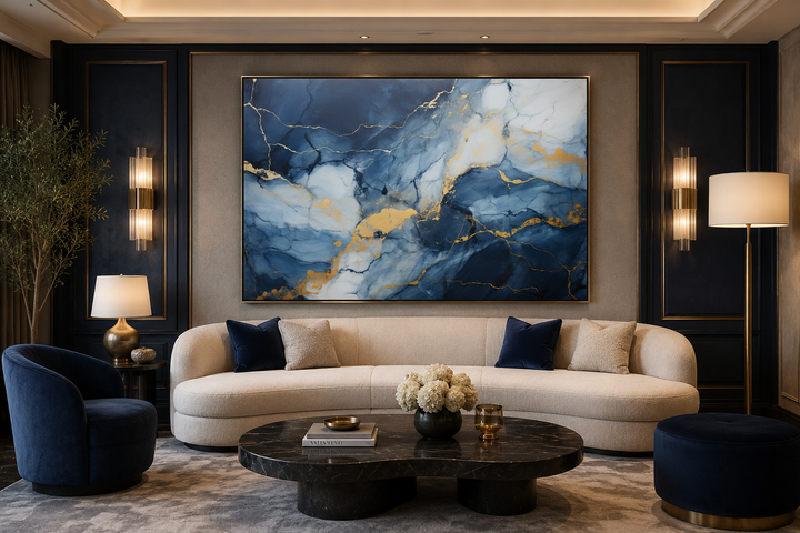 Large abstract marble canvas wall art in navy blue, grey, and gold above a curved cream sofa.