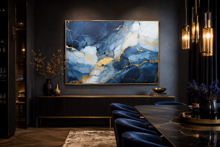 Large abstract marble canvas wall art in navy blue, grey, and gold hanging in a modern dining room.
