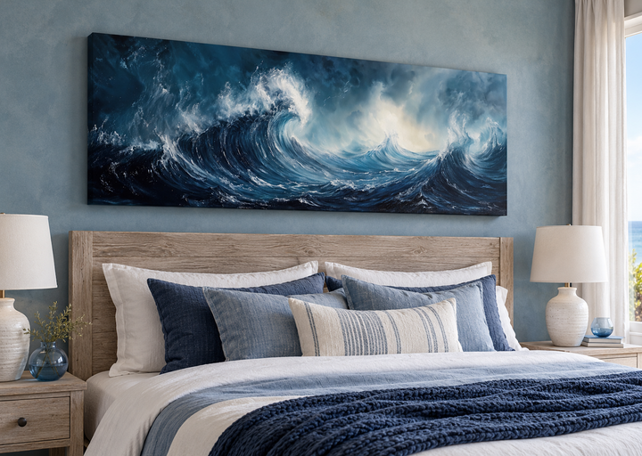 Long horizontal navy and blue abstract ocean wave framed canvas wall art above a bed.