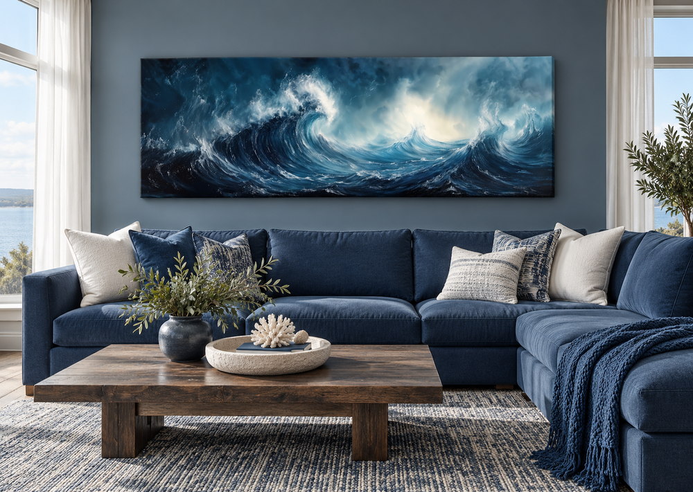 Long horizontal navy and blue abstract ocean wave framed canvas wall art above a blue sectional.