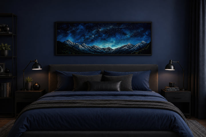 Navy blue horizontal framed canvas of a starry night sky and Milky Way over mountain peaks.