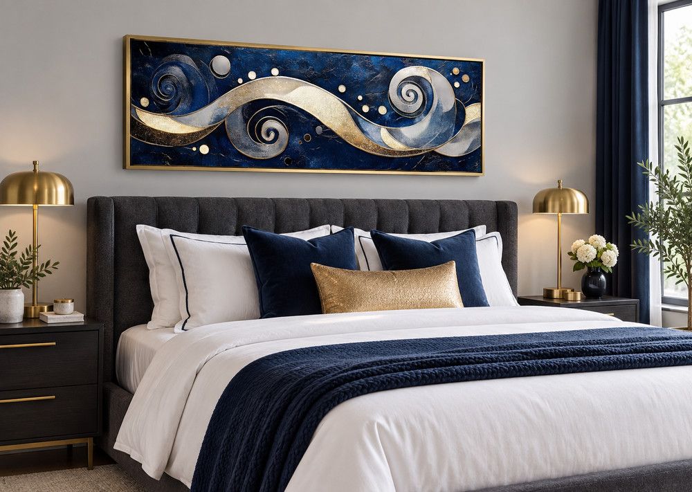 Navy and gold abstract swirl canvas art in a gold frame above a dark grey tufted headboard.