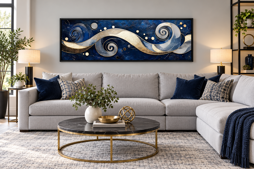 Navy and gold abstract swirl canvas art above a grey sectional sofa in a modern living room.