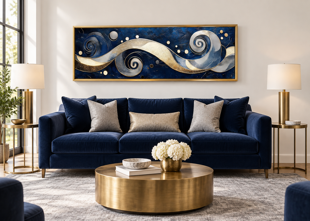 Navy and gold abstract swirl canvas art above a blue velvet sofa in a modern living room.