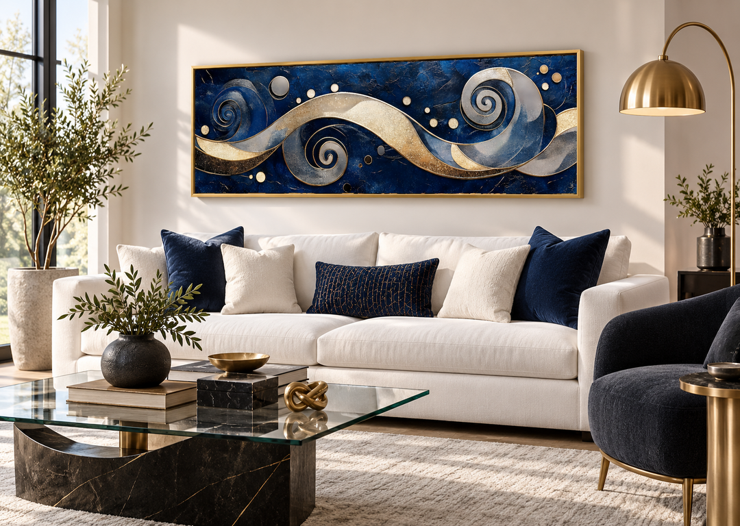 Navy and gold abstract swirl canvas art in a gold frame above a white sofa in a modern living room.
