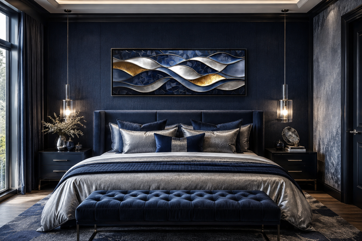 Navy and gold abstract wave horizontal wall art centered above a bed in a modern navy bedroom.