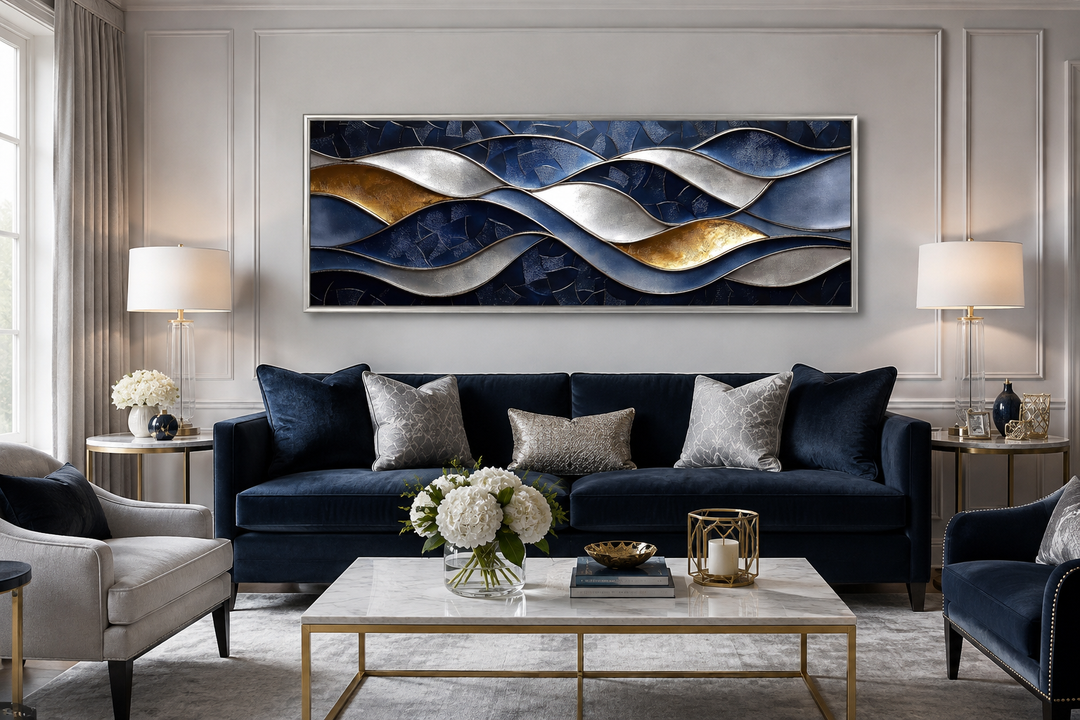 Navy and gold abstract wave horizontal wall art above a navy velvet sofa in a modern living room.