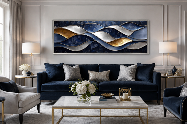 Navy and gold abstract wave horizontal wall art above a navy velvet sofa in a modern living room.