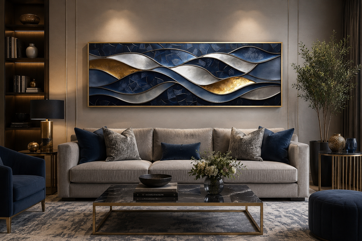 Navy and gold abstract wave horizontal wall art displayed above a sofa in a modern living room.