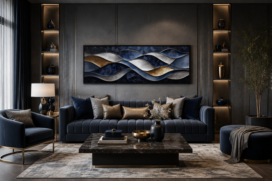 Navy and gold abstract wave horizontal wall art above a dark blue velvet sofa in a modern room.
