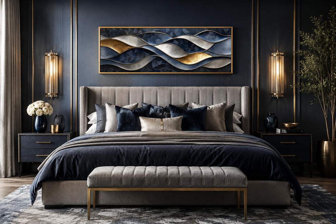 Navy and gold abstract wave horizontal wall art above a bed in a modern bedroom.