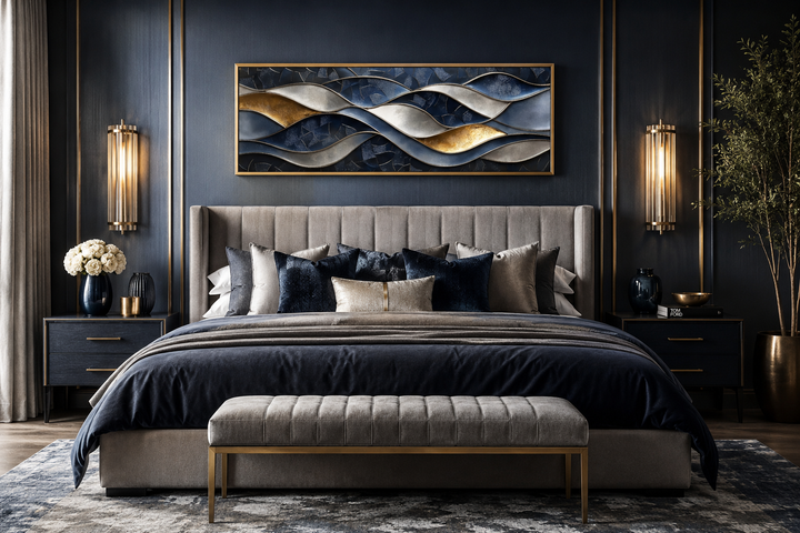 Navy and gold abstract wave horizontal wall art above a bed in a modern bedroom.